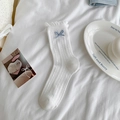 Japanese style white ribbed crew socks with ruffle cuff and blue ribbon bow detail - Lattice Pattern White