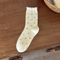 Japanese style beige mid-tube socks with black polka dots and white lace trim - Cream Polka Dot Style