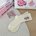 Creamy mid-calf socks with cute cartoon cat embroidery in soft cotton blend fabric - One Size / Milky White Cat (1 Pair)