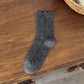 Dark grey crew socks featuring black bow patterns and elegant ruffled cuffs for women - Dark Gray Bow Jacquard