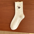 Beige cotton socks with colorful flecks, yellow ruffled edges and a cute puppy embroidery - One Size / Yellow Dog Style (A881)