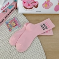 Pink mid-calf cotton socks with cute letter prints on a cozy decorative background - One Size / Pink CUTE (1 Pair)