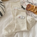 Calze crema a pois colorati con ricamo di cucciolo e un piccolo cuore rosa decorativo - Taglia unica / Bianco Sporco