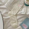 White cotton crew socks featuring delicate lace ruffles, polka dots, and a pink ribbon bow - One Size / Pink Bow (1 Pair)