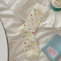 White crew socks with colorful polka dots and delicate white lace ruffle cuffs - One Size / Polka Dots (1 Pair)