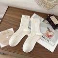 White cotton mid-calf socks with cable knit texture and minimalist egg label - One Size / Off White