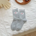 Gray crew socks with white terrier embroidery and cable knit texture for women - One Size / Gray
