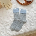 Gray Westie dog style mid-calf socks with light blue ruffled cuffs and cable knit texture - One Size / Blue Grey