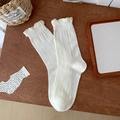 White Japanese ruffle edge crew socks with delicate hollow pointelle knit patterns - Bubble Edge