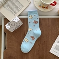 Cute light blue mid-calf socks with cartoon bear prints and white frilly lace edges - Blue
