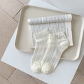 Creamy beige cotton ankle socks with cute brown bear embroidery and ribbed texture - One Size / Creamy White