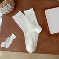 White Japanese style mid-calf socks with lace ruffle trim and hollow knit patterns - Flower Border