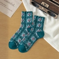 Calze retrò in maglia verde scuro con motivi floreali a rilievo e consistenza morbida - Taglia unica / Stile Punta Blu Scuro
