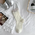 Calze a rete beige con fiocco in pelle e polsini marroni a contrasto da donna - Taglia unica / Bianco Latte (1 Paio)