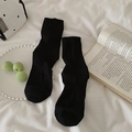 Minimalist black cotton crew socks with ribbed texture and heart pattern accents - One Size / Mystic Black
