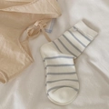 Korean style white mid-tube socks with blue stripes and white floral detail - White Blue Striped Button