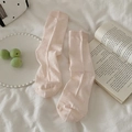 Peach pink crew socks for women featuring intricate heart lace patterns and a ribbed cuff - One Size / Sakura Pink