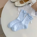 Light blue mesh knit crew socks with delicate ruffle trim and a matching satin bow - One Size / Light Blue