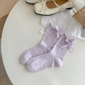 Light purple mesh crew socks with bow detail and wavy texture for a sweet aesthetic - One Size / Purple