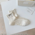 Cute cream white mid-calf socks with colorful polka dots and cat embroidery - Cat Embroidery (M5024)