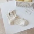 Creamy white crew socks with colorful confetti knit and cute bear embroidery detail - Bear Embroidery (M5024)