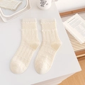 Creamy white crew socks with heart patterns and diamond knit texture in premium cotton - One Size / Cream White Horizontal Stripe Heart