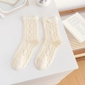 Creamy white crew socks featuring argyle knit texture and delicate lettuce edge cuffs - One Size / Cream White Faux Two-Piece Argyle