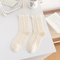 Cream white mid-calf socks with diamond lattice knit pattern and ruffled cuffs - One Size / Cream White Lettuce Edge Argyle