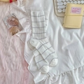 Japanese style white mid-calf socks with grey stripes and delicate lace trim - One Size / White