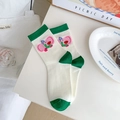 Cute white cotton socks with green accents and pink elephant pattern for women - Green Elephant