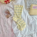 Light yellow striped women's crew socks with white lace trim and mesh breathable knit - One Size / Yellow
