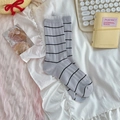 Light gray striped mid-tube socks with white lace trim and ribbed cotton texture - One Size / Gray