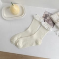 Creamy white crew socks with delicate lace ruffles and vertical ribbed cotton texture - White Lace Pair