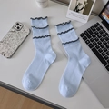 Calze donna azzurre con bordo a balze grigio e trama a coste in stile moderno - Taglia unica / Blu
