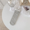 Light gray ribbed crew socks with white lace trim and elegant pearl bow detail - Grey Pearl Bow
