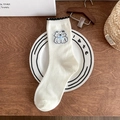 Cute off-white mid-calf socks with hand-drawn bear and blue 3D bow detail - Bowtie Dog (1 Pair)