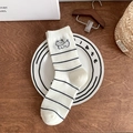 White cotton mid-calf socks with black stripes and cute dog embroidery detail - Striped Dog (1 Pair)