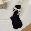 Classic black ballet style crew socks with elegant white lace bows for lolita outfits - One Size / Black with White Bow