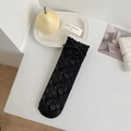 Black lace mesh crew socks with chic ribbon bows and breathable hollow-out diamond pattern - Black