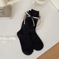 Black ballet style mid-calf socks featuring lace trim and a white ribbon bow design - One Size / Black with Black Plaid Bow