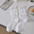 White ruffle crew socks with three-layer pleated lace trim and breathable mesh knit - One Size / White
