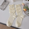 Creamy white crew socks with triple ruffled lace and breathable knit mesh texture - One Size / Yellow