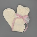 Melkwitte gebreide sokken met roze geblokte strik en delicate kanten linten - Bubble Cuff / Wit met roze geruite strik