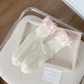 Cream white mid-calf socks with pink plaid ruffles and delicate white ribbon bows - Pink Foldover