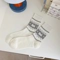 Cute white crew socks with grey puppy and heart patterns in a breathable mesh knit - One Size / White