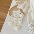 White cotton ankle socks featuring black polka dots and delicate white lace trim edges - White Background Polka Dots