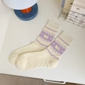 Cute off-white mid-calf socks with purple puppy and heart patterns for women - One Size / Milk Yellow