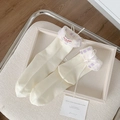 Beige ballet style crew socks with purple plaid cuff and delicate ribbon bow detail - Purple Foldover
