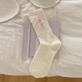 Chaussettes blanc crème avec nœuds roses et boutons, style esthétique japonais - Taille unique / Blanc