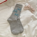 Dark grey mid-calf ribbed socks with light blue velvet bows for women's ballet core style - One Size / Grey 1 Pair